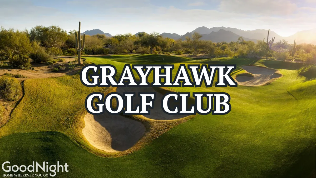 A lush desert golf course stretches toward the horizon, framed by sand traps, native cacti, and a mountainous backdrop. The scene captures golfers enjoying the tranquility and challenge of the course amidst stunning scenery.