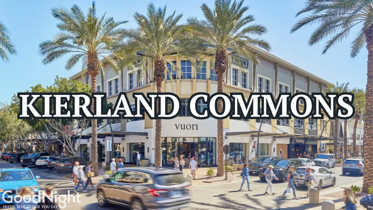A lively shopping and dining district with palm trees, storefronts, people strolling, and outdoor seating. The area conveys a vibrant, social atmosphere ideal for group outings and exploration.